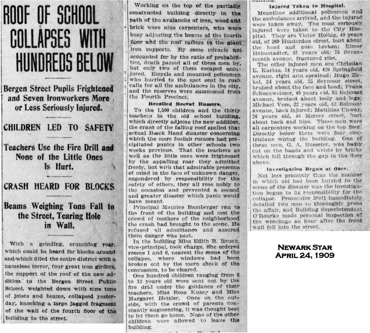 Roof of School Collapses with Hundreds Below
April 24, 1908
Newark Star
