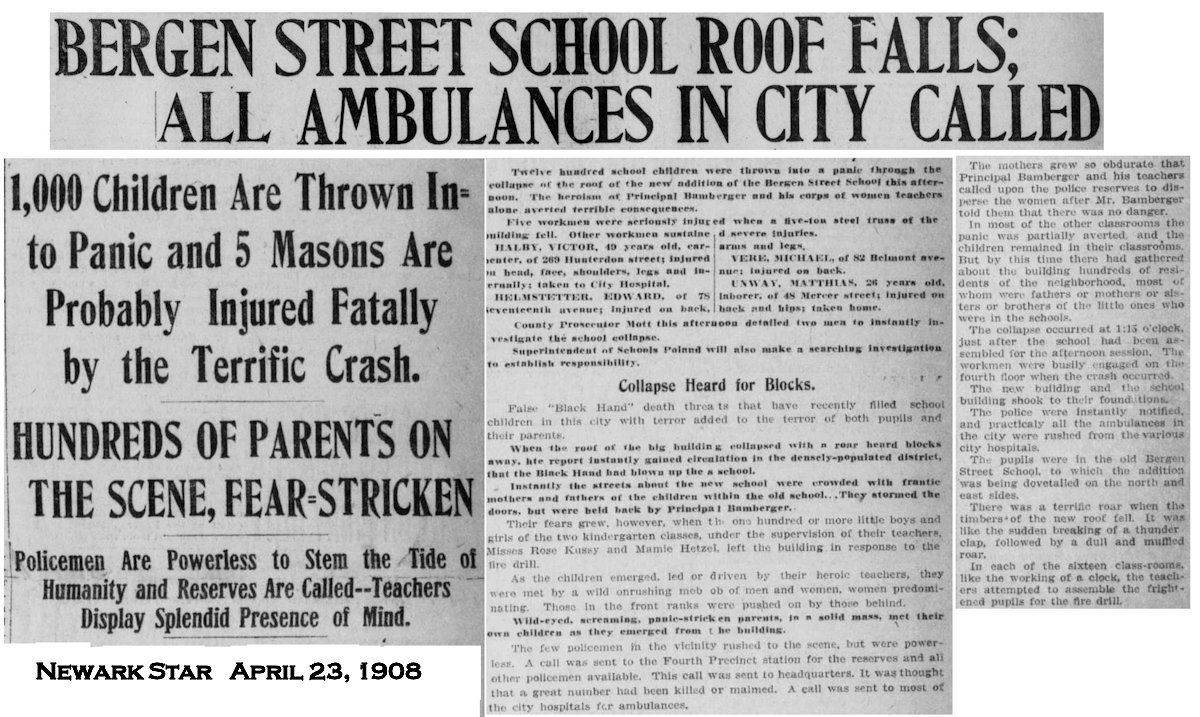 Bergen Street School Roof Falls; All Ambulances in City Called
April 23, 1908
