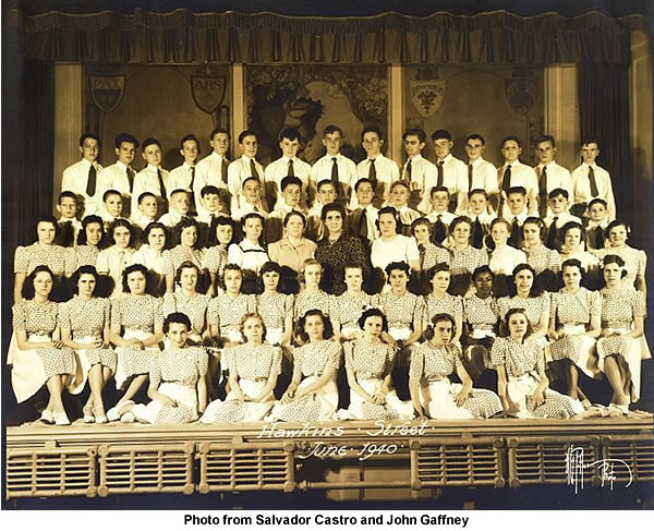 1940 June
In the center is Miss Blewitt, home room teacher (in the light dress).  
To the right of her is Mrs. Achinbach, the Principal (in the dark dress). 
Salvador Castro is standing behind Miss Blewitt. 
