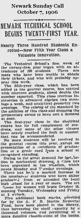 Newark Technical School Begins Twenty-First Year
October 7, 1906
